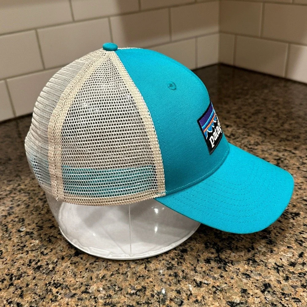 Patagonia P-6 Logo Trucker Hat Adjustable Teal Beige Organic Cotton